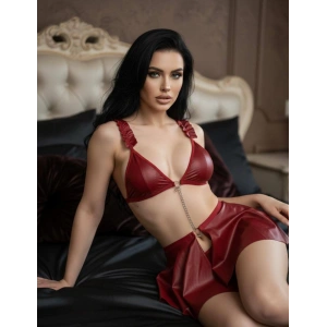 Litae Bordo Göğüs Dekolteli Mini Etekli Fantezi Deri Takım