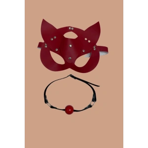 Litae Kırmızı Deri Maske ve Ağız Topu Harness Aksesuar