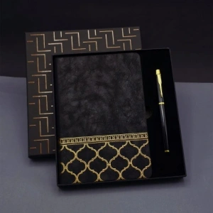 Litae Trend  Gold Desen Siyah Deri Defter Kalem Set