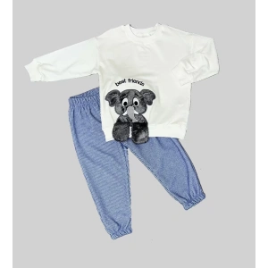 LitaeTrend 1-2-3 Yaş Filli Sallanan Ayak Desenli Likra Penye Kumaş Sweat Pantolonlu Kız Erkek 2li Çocuk Takımı Beyaz