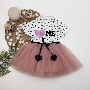 LitaeTrend 1-2-3 Yaş Payetli Kalp Me Baskılı Kız Bebek Elbisesi Gül Kurusu