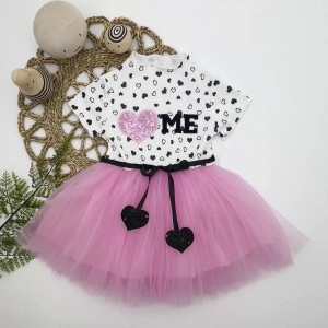 LitaeTrend 1-2-3 Yaş Payetli Kalp Me Baskılı Kız Bebek Elbisesi Pembe