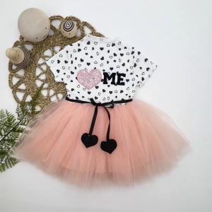 LitaeTrend 1-2-3 Yaş Payetli Kalp Me Baskılı Kız Bebek Elbisesi Pudra