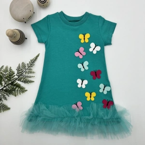 LitaeTrend 1-2-3 Yaş Renkli Kelebekler Nakışlı Eteği Fırfırlı Jile Çocuk Elbisesi Turkuaz