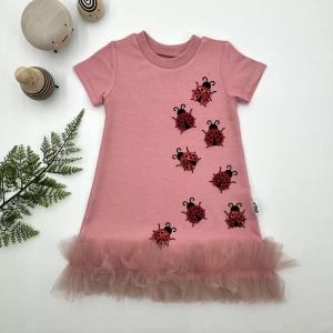 LitaeTrend 1-2-3 Yaş Uğur Böceği Nakışlı Fırfır Uçlu Kız Çocuk Jile Elbisesi Pudra