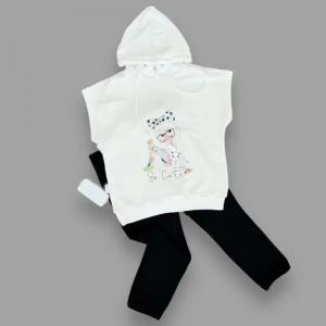 LitaeTrend 3-4-5 Yaş Kapşonlu Sevimli Kız Baskılı Kısa Kolu 2li Kız Erkek Çocuk Takımı Siyah