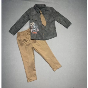 LitaeTrend 3-4-5 Yaş Kravatlı Keten Gömlek Gabardin Pantolon Uzun Kollu 3lü Erkek Çocuk Takımı Kahverengi