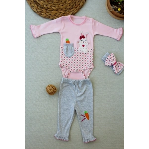 LitaeTrend 3-6 9-12 12-18 Ay Havuç Tavşan Nakışlı Bandanalı Uzun Kollu Zıbınlı 3lü Kız Bebek Tak Pembe