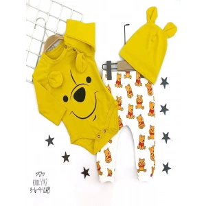 LitaeTrend 3-6-9-12 Ay Kulaklı Şapka Ayıcık Desenli Zıbınlı 3lü Kız Erkek Bebek Takımı Sarı