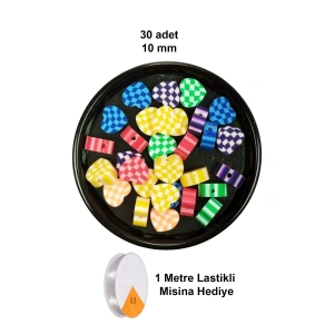 LitaeTrend 30 Adet 10 mm Polimer Kil Fimo Boncuk Takı Bileklik + 1 Metre Lastikli Misina Hediye - Desenli Kalp