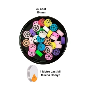 LitaeTrend 30 Adet 10 mm Polimer Kil Fimo Boncuk Takı Bileklik + 1 Metre Lastikli Misina Hediye - Renkli Çiçek