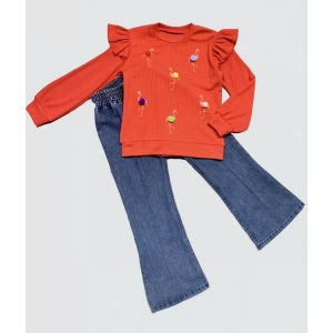 LitaeTrend 4-5-6 Yaş Kot Pantolonlu Flamingo Desenli Penye Sweat Uzun Kollu 2li Kız Çocuk Takımı Kırmızı