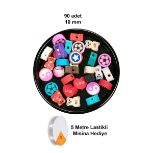 LitaeTrend 90 Adet 10 mm Polimer Kil Fimo Boncuk Takı Bileklik + 5 Metre Lastikli Misina Hediye - Karışık Renkli
