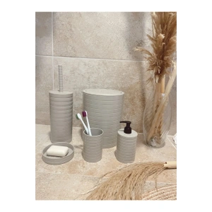 LitaeTrend Banyo Seti 5li Krem Çöp Kovası Wc Fırçalık Sıvı Sabunluk Katı Sabunluk