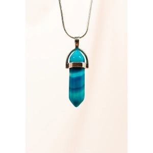 LitaeTrend Mavi Akik Doğal Taşı Zincirli El Yapımı Tasarımlı Kolye Uç: 3,5 cm Zincir: 20 cm Kutulu