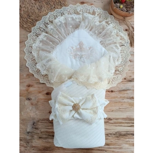 LitaeTrend Örgü Tericotton Taç Nakışlı İncili Güpür Çift Fiyonk Papatya Güpür Trilüks Kundak Bebek Battaniyesi Ekru