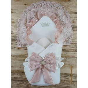 LitaeTrend Sahra Taç Nakışlı İnci Ve Dantel Fiyonklu Çift Dantel Duvaklı Trilüks Kundak Bebek Battaniyesi Gül Kurusu