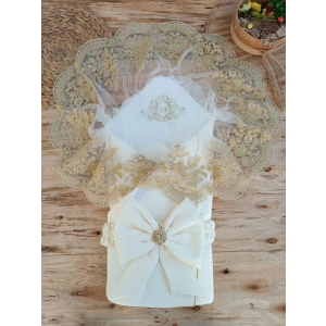 LitaeTrend Yenidoğan Piramitland Taşlı Gold Güpür İşleme Bebek Battaniyesi Kundak Ekru