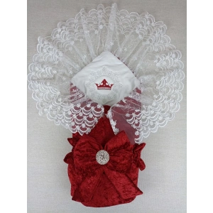 LitaeTrend Yenidoğan Saray Kadife Taç Nakışlı İnci Fiyonklu Dantel Duvak Trilüks Kundak Bebek Battaniye Bordo