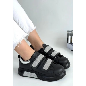 Nino Siyah Cilt Simli Cırt Cırtlı Spor Ayakkabı