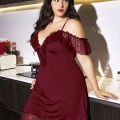 HERŞEYTREND  Büyük Beden Bordo Dantel İşlemeli İnce Askılı Gecelik