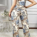 HERŞEYTREND  Büyük Beden Mavi Çiçek Desenli İnce Askılı 2li Saten Pijama