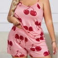 HERŞEYTREND  Büyük Beden Pembe Kiraz Desen İnce Askılı Pamuklu Şortlu Pijama Takımı