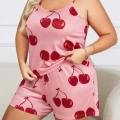 HERŞEYTREND  Büyük Beden Pembe Kiraz Desen İnce Askılı Pamuklu Şortlu Pijama Takımı