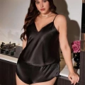 HERŞEYTREND  Büyük Beden Siyah Saten Şortlu Takım