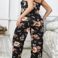 HERŞEYTREND  Büyük Beden Siyah Üstüne Çiçek Desenli İnce Askılı 2li Pijama Takımı