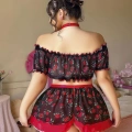 HERŞEYTREND  Büyük Beden Siyah Üstüne Gül Desenli Fantezi Etekli Büstiyer Takımı