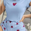 HERŞEYTREND  Çilek Desenli Mavi Seksi Pijama Takım
