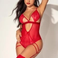 HERŞEYTREND  Kırmızı Tül Dantel Detaylı Fantezi Body Jartiyer Takım