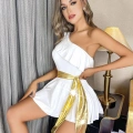 HERŞEYTREND  Özel Tasarım Tek Omuz Şık Belden Bağlamalı Beyaz Fantezi Mini Club Elbisesi