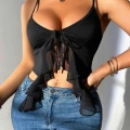 HERŞEYTREND  Siyah İnce Askılı Önden Bağlamalı Fırfır Detaylı Crop