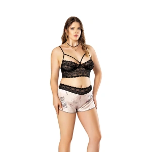 Litae Büyük Beden Altı Şirin Desenli Üstü Dantel Fantezi Şortlu Saten Gecelik