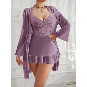 Litae Özel Tasarım Dantel İşlemeli Fırfırlı Sabahlıklı 2li Mor Gecelik Takımı