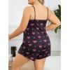 Litae Büyük Beden Siyah Kalp Desen İnce Askılı Pamuklu Şortlu Pijama Takımı