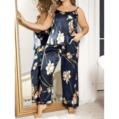 HERŞEYTREND  Büyük Beden Mavi Üstüne Çiçek Desenli İnce Askılı 2li Saten Pijama Takımı