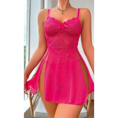 Litae Fuşya Dantel İşlemeli Transparan Fantezi Tül Gecelik