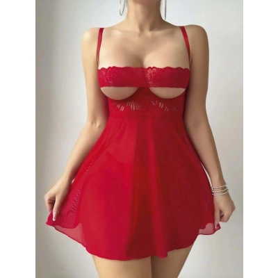 Litae Kırmızı Dantel İşlemeli Göğüs Dekolteli Fantezi String Tül Gecelik Takımı