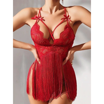 HERŞEYTREND  Kırmızı Püsküllü Dantel Detaylı Fantezi Gecelik