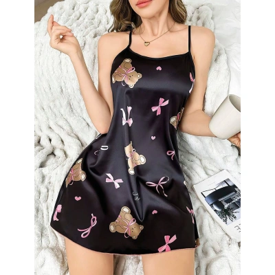 HERŞEYTREND  Siyah İnce Askılı Ayıcık Desenli Saten Mini Gecelik