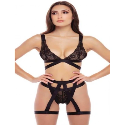 Litae Siyah İp Aksesuarlı Fantezi Jartiyer Takım