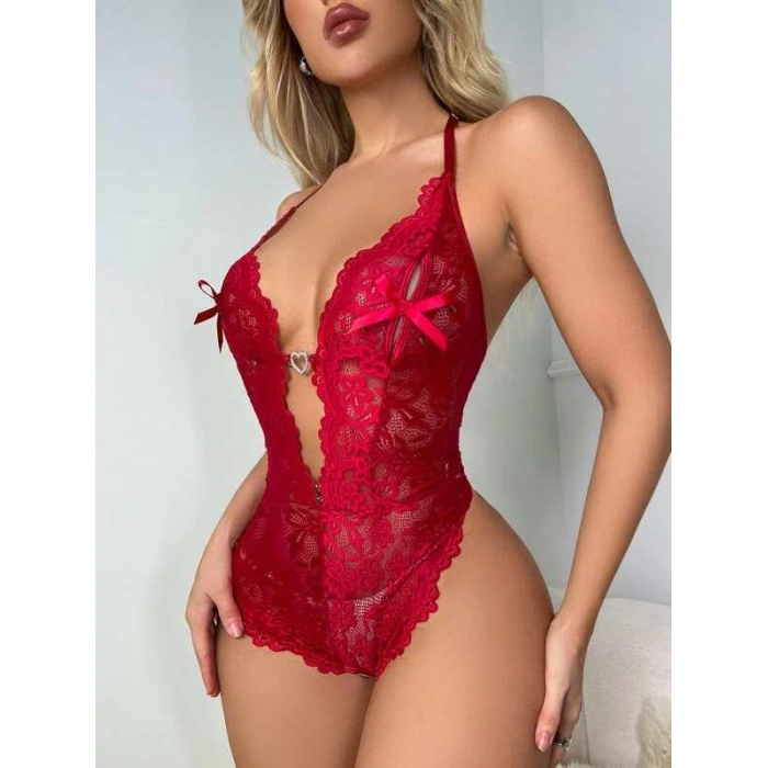 HERŞEYTREND  Metal Kalp Aksesuarlı Fantezi Dantelli Kırmızı Body