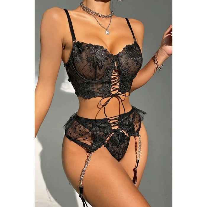 HERŞEYTREND  Büstiyerli Dantel Fantezi Siyah Jartiyer Takımı