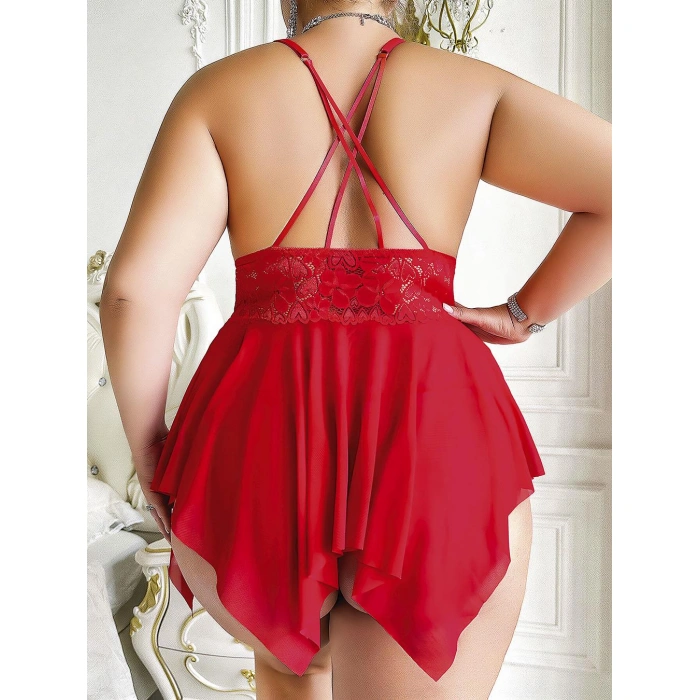 Litae Büyük Beden Dantel İşlemeli Fırfırlı Dekolteli Fantezi Tül Kırmızı Gecelik