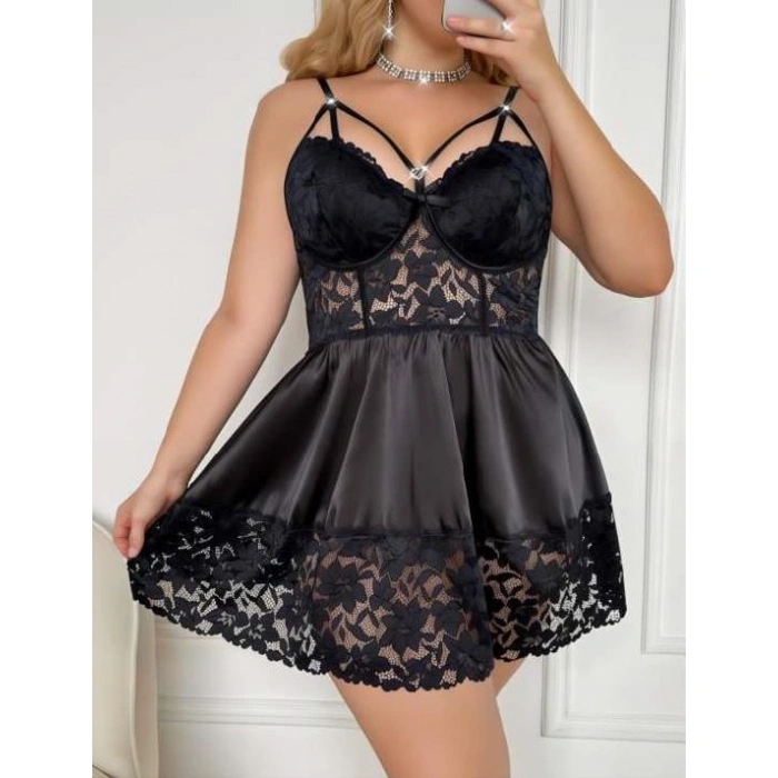 Litae Büyük Beden Dantel İşlemeli Göğüs İp Detaylı Siyah Saten Gecelik