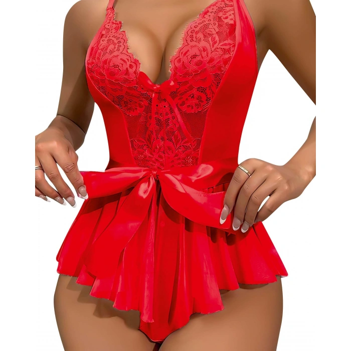 Litae Kırmızı Dantel İşlemeli Kurdelalı Fantezi Tül Babydoll