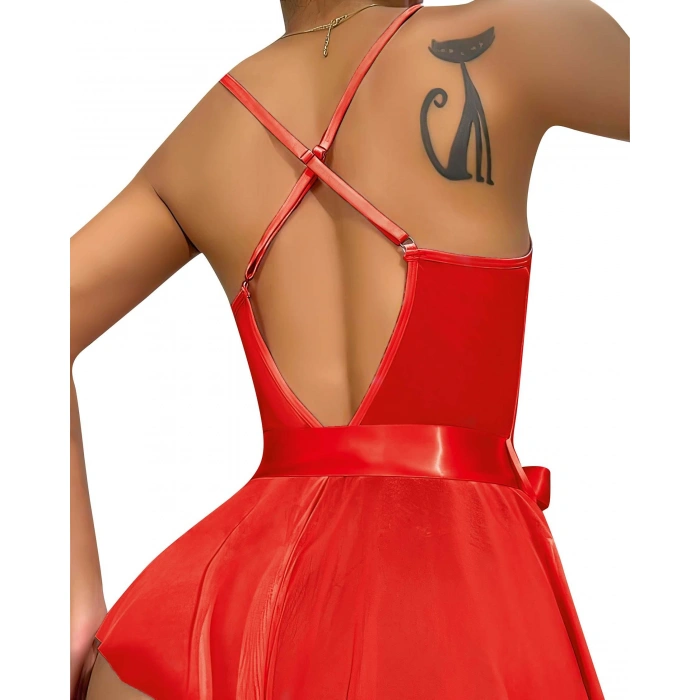 Litae Kırmızı Dantel İşlemeli Kurdelalı Fantezi Tül Babydoll